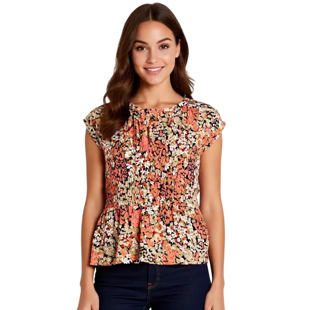 Tommy Hilfiger Women Floral Smocked Waist Peplum Top Coral‎ Tan Md NWT